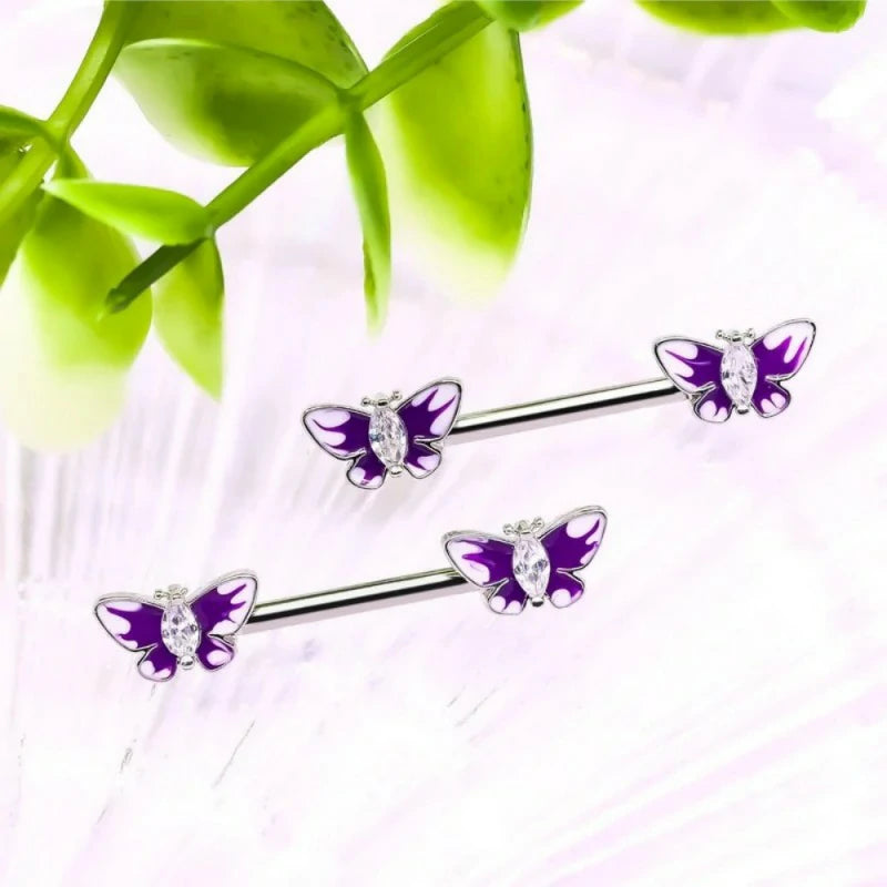 14G Stainless Steel Heart Nipple Rings and Barbell - Butterfly, Starlight Acrylic Ball