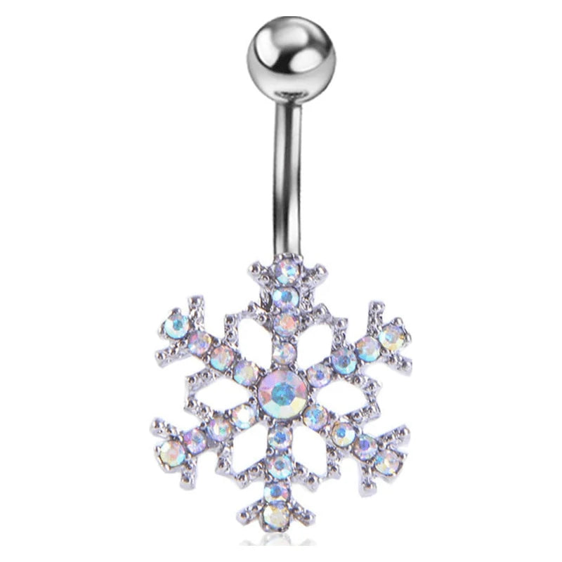 14g Stainless Steel Snowflake AB Color CZ Belly Button Rings Holiday Navel Rings Barbell Piercing