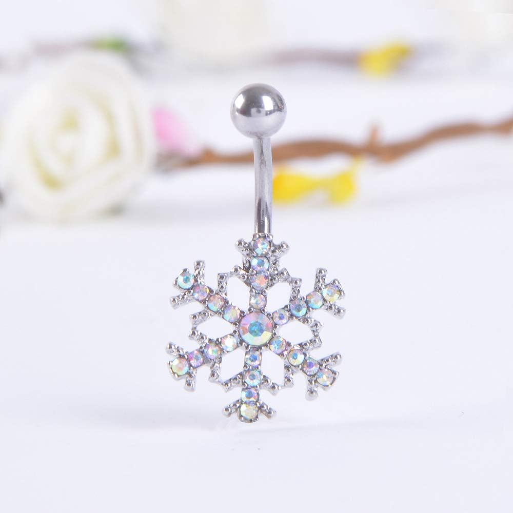 14g Stainless Steel Snowflake AB Color CZ Belly Button Rings Holiday Navel Rings Barbell Piercing for Women - 我的商店我的商店我的商店