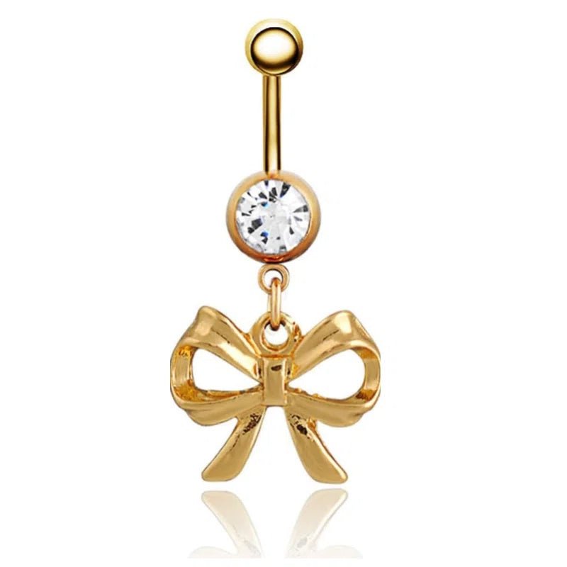 14G Surgical Stainless Steel Dangle Gold Navel Barbell Stud Cubic Zirconia Body Piercing - QIAO CrystalQIAO CrystalQIAO Crystal