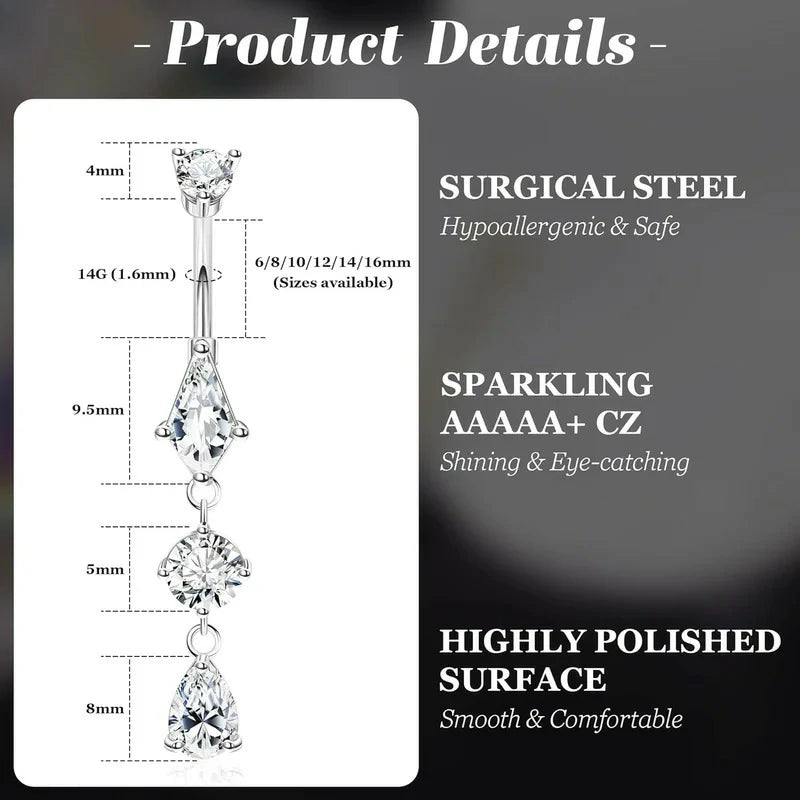 14G Surgical Steel Dangle Belly Button Ring Teardrop Dangling Navel