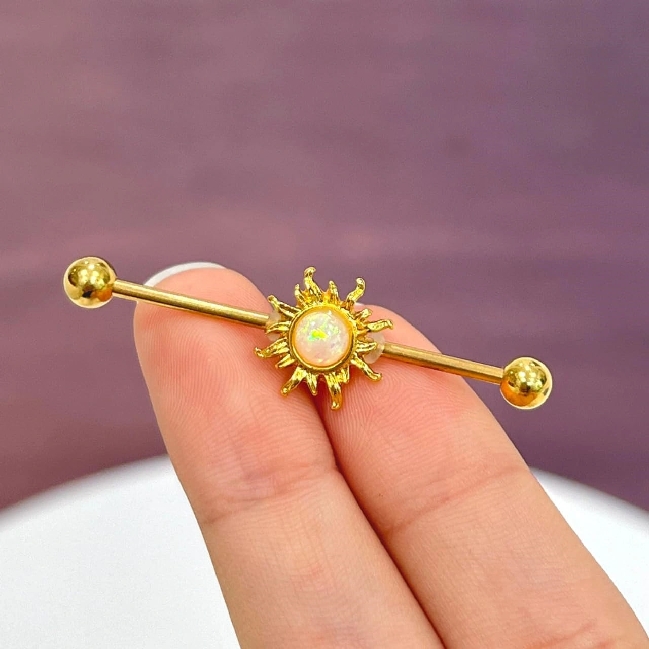 14g-surgical-steel-gold-industrial-barbell-opal-center-golden-blazing-sun-industrial-earrings