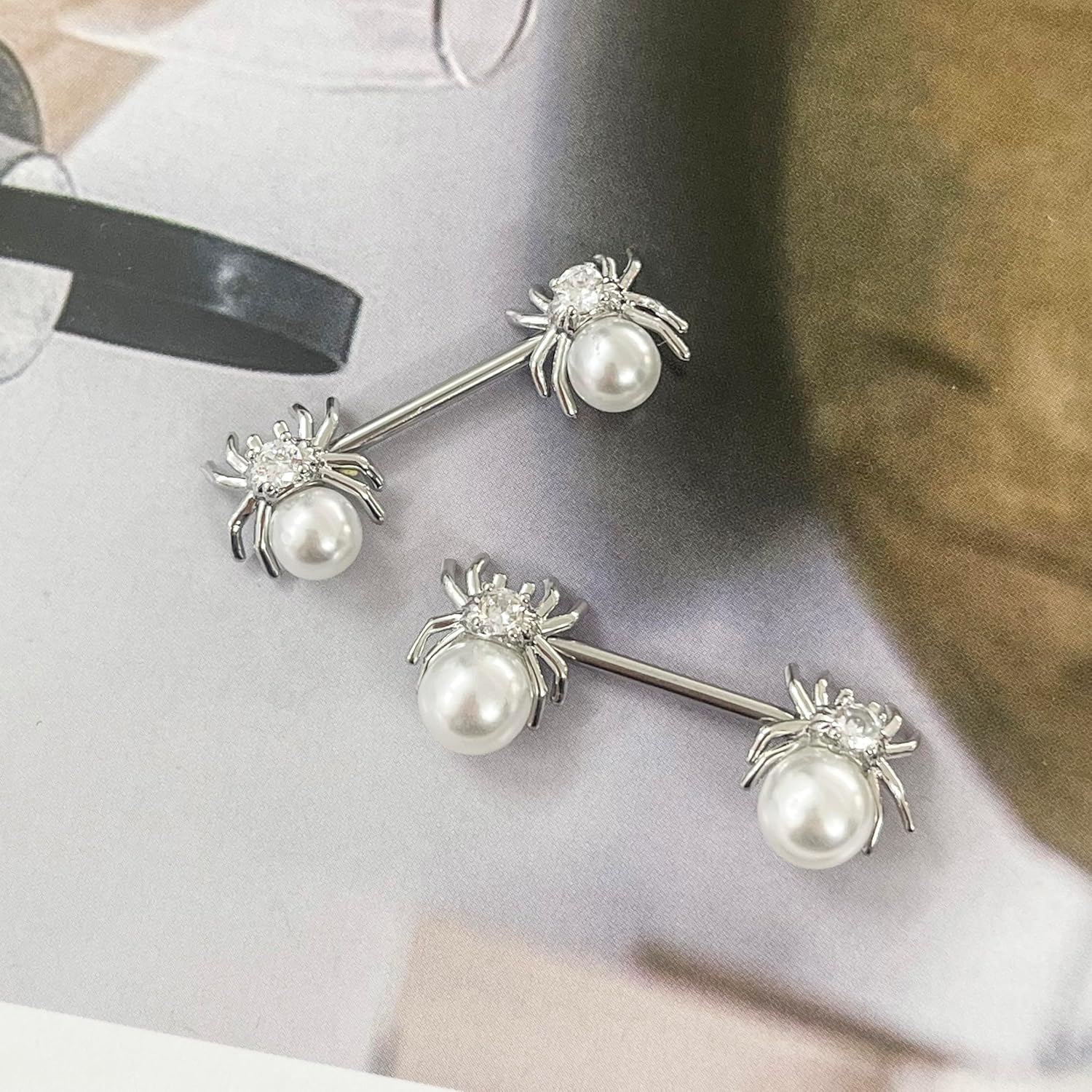 14G White Spider Nipple Rings for Women Surgical Stainless Steel Pearl CZ Spiders Nipplerings Nipple Shield Studs Barbells Halloween Body Piercing Jewelry - QIAO CrystalQIAO CrystalQIAO Crystal