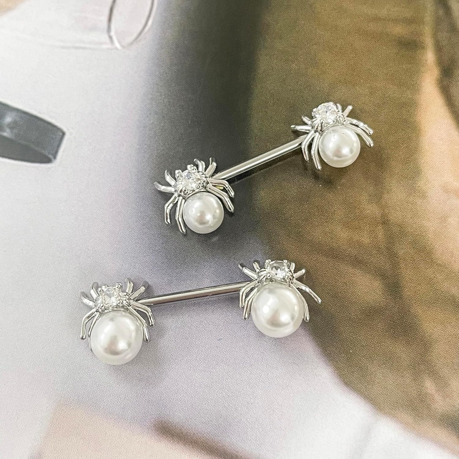 14G White Spider Nipple Rings for Women Surgical Stainless Steel Pearl CZ Spiders Nipplerings Nipple Shield Studs Barbells Halloween Body Piercing Jewelry - QIAO CrystalQIAO CrystalQIAO Crystal