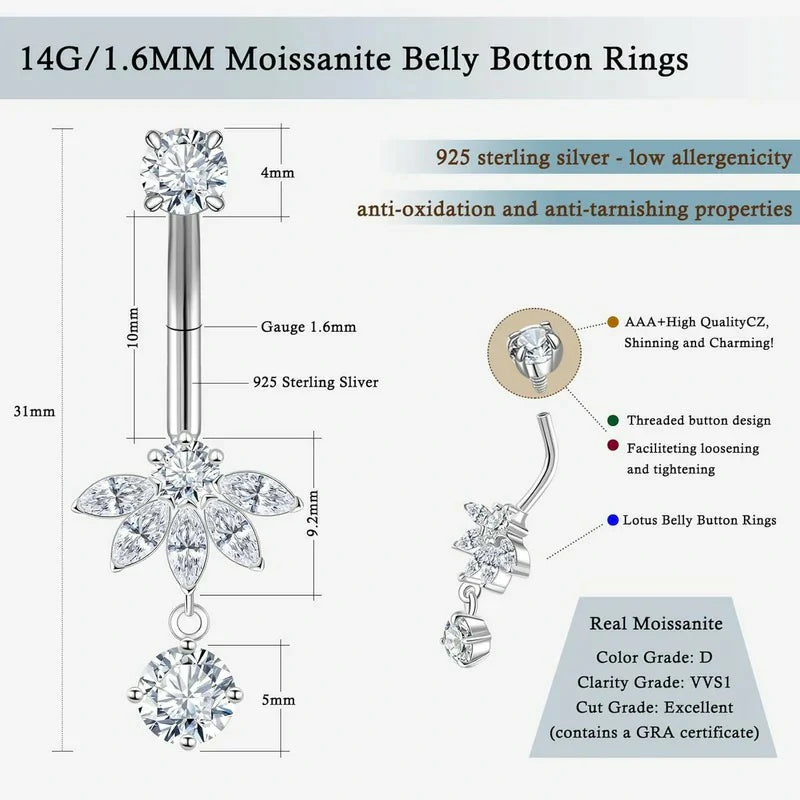 14G/1.6MM  925 Sterling Silver Belly Navel Piercing Rings for Women