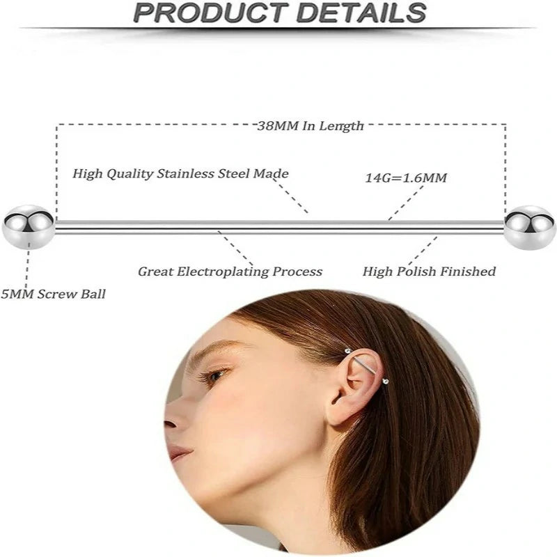 14g Industrial Barbell Surgical Steel Cartilage Earrings CZ Industrial Earring Crystal