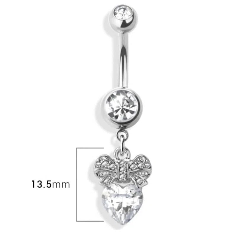 14GA 316L Stainless Steel CZ Crystal Heart with Bow Dangling Belly Button Ring - QIAO CrystalQIAO CrystalQIAO Crystal