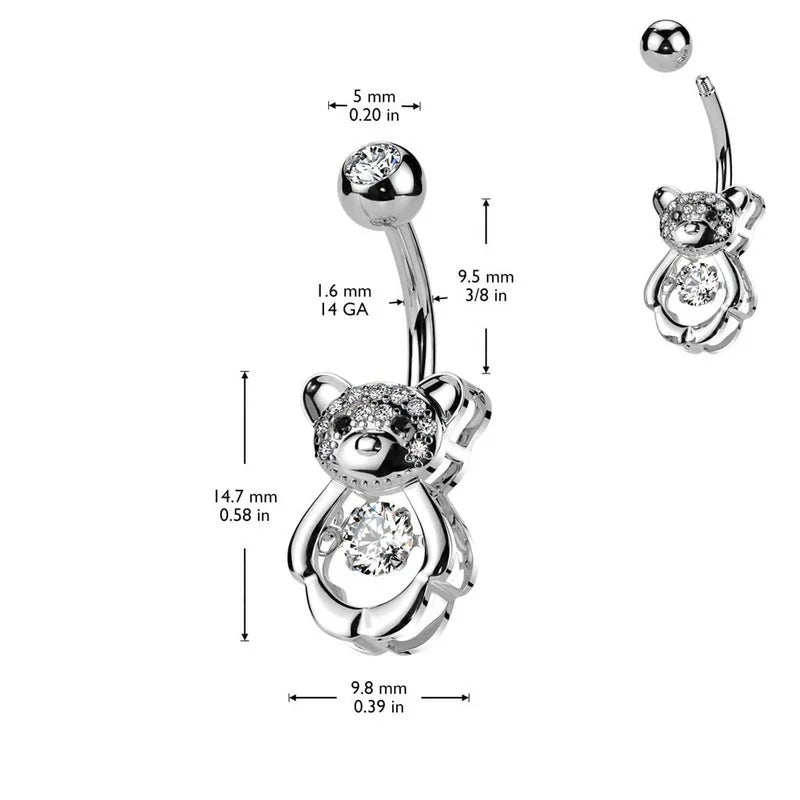 14GA 316L Stainless Steel CZ Crystal Hollow Bear Belly Button Ring