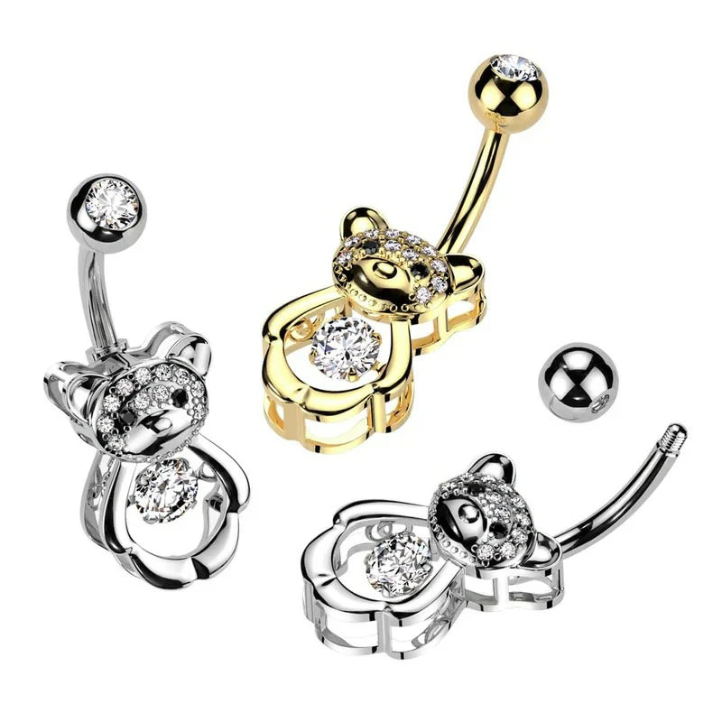 14GA 316L Stainless Steel CZ Crystal Hollow Bear Belly Button Ring
