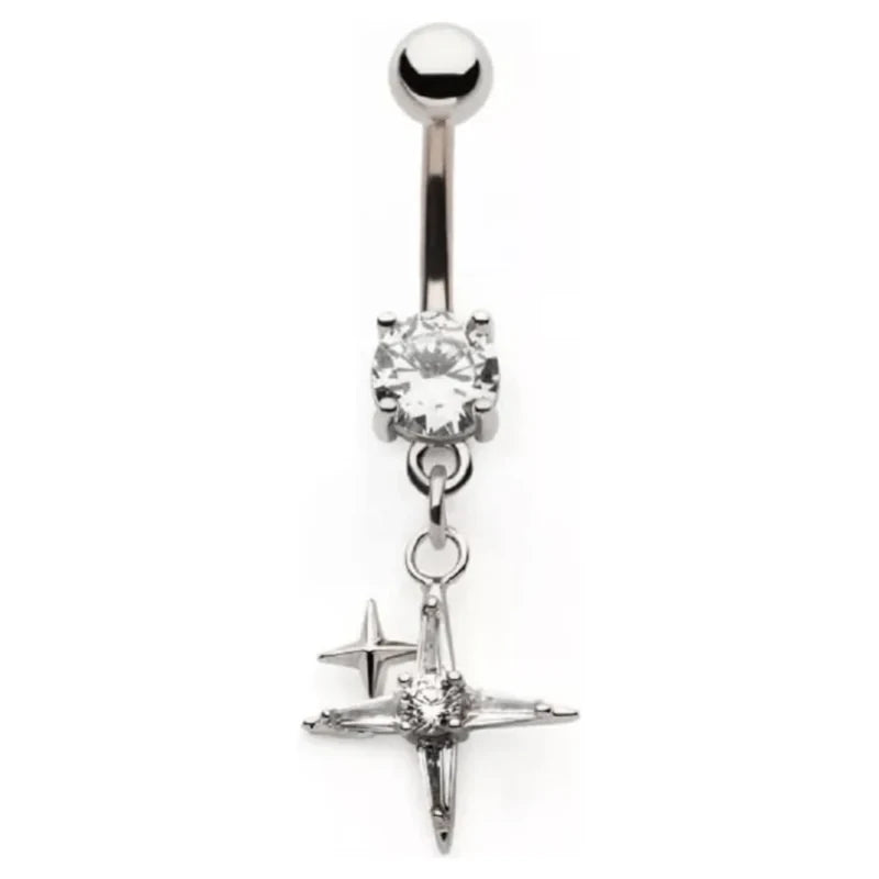 14GA 316L Stainless Steel CZ Crystal Pointed Cross Dangling Belly Button Ring
