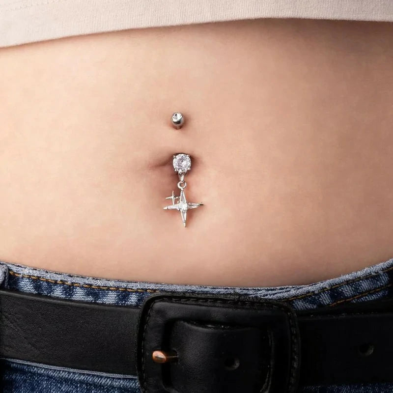 14GA 316L Stainless Steel CZ Crystal Pointed Cross Dangling Belly Button Ring