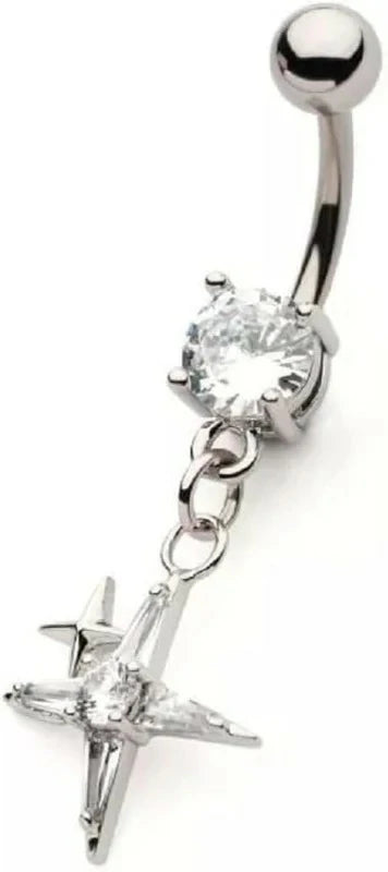 14GA 316L Stainless Steel CZ Crystal Pointed Cross Dangling Belly Button Ring