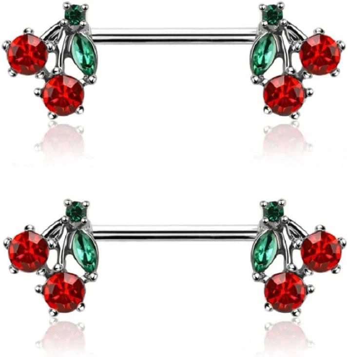 14GA 316L Stainless Steel CZ Crystal Red Cherry Ends Nipple Barbells