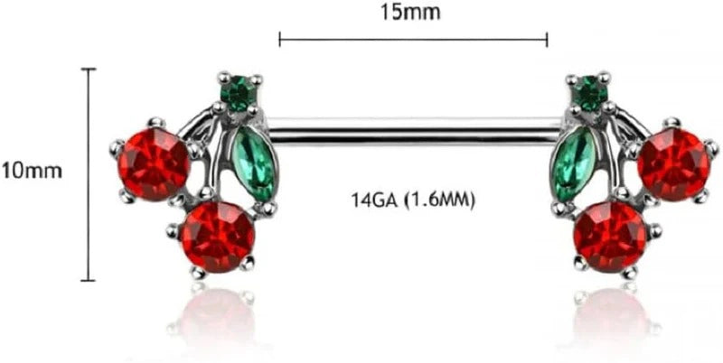 14GA 316L Stainless Steel CZ Crystal Red Cherry Ends Nipple Barbells
