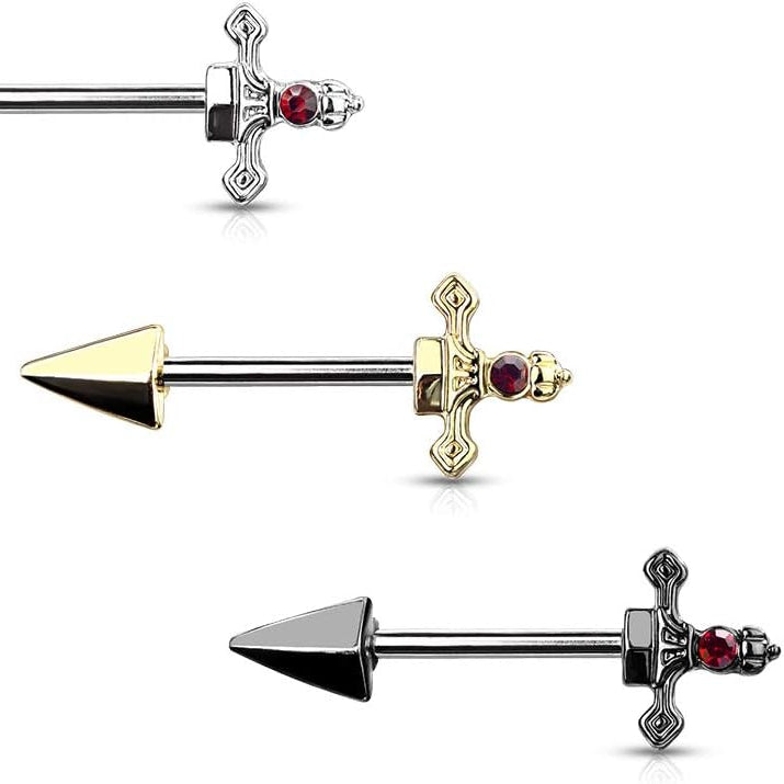 14GA 316L Stainless Steel Red Gem Set Dagger Nipple Barbells, Sold as A Pair - QIAO CrystalQIAO CrystalQIAO Crystal