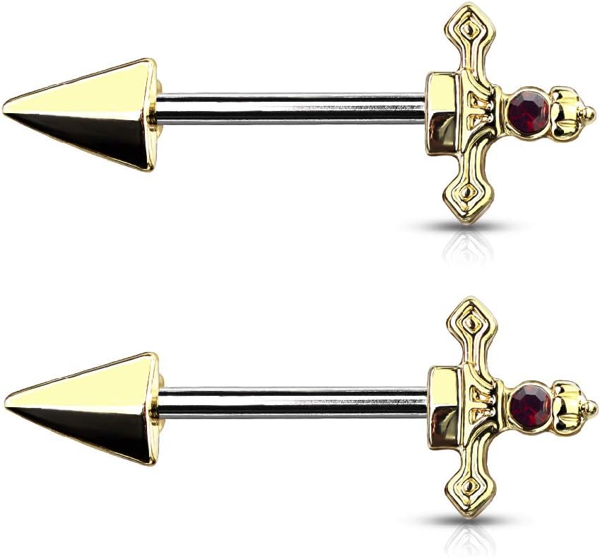 14GA 316L Stainless Steel Red Gem Set Dagger Nipple Barbells, Sold as A Pair - QIAO CrystalQIAO CrystalQIAO Crystal