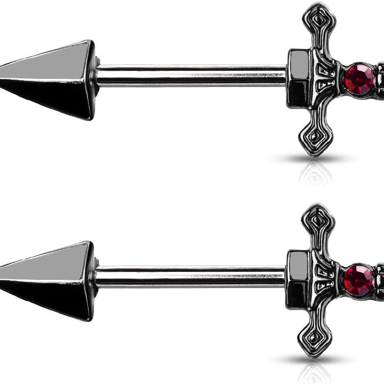 14GA 316L Stainless Steel Red Gem Set Dagger Nipple Barbells, Sold as A Pair - QIAO CrystalQIAO CrystalQIAO Crystal