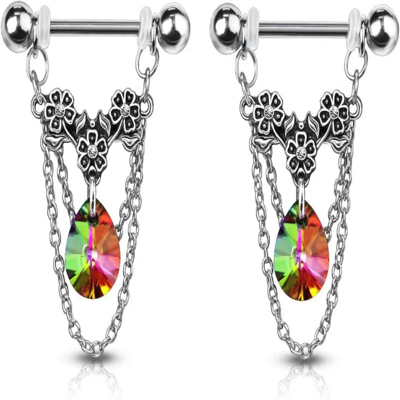 14GA 316L Stainless Steel Triple Flower Dangling Crystal Chains Nipple Barbells