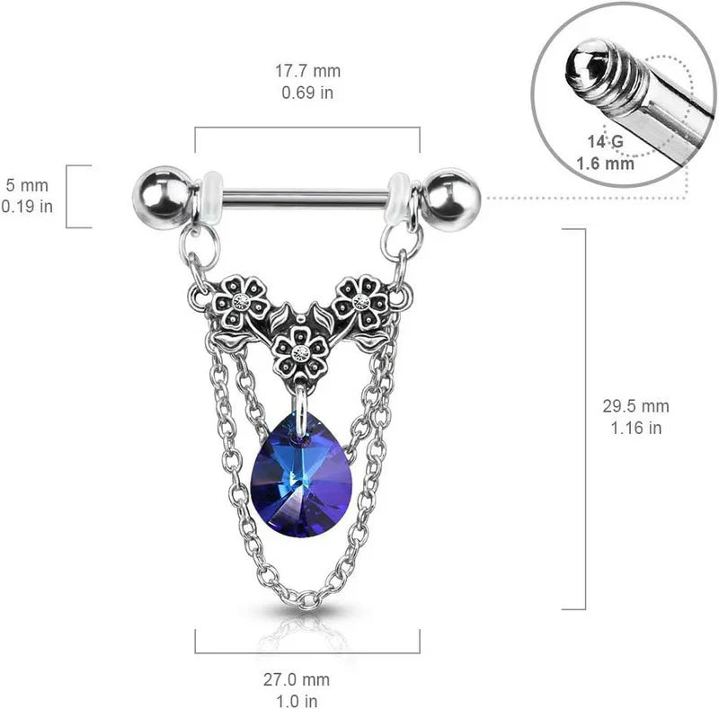14GA 316L Stainless Steel Triple Flower Dangling Crystal Chains Nipple Barbells
