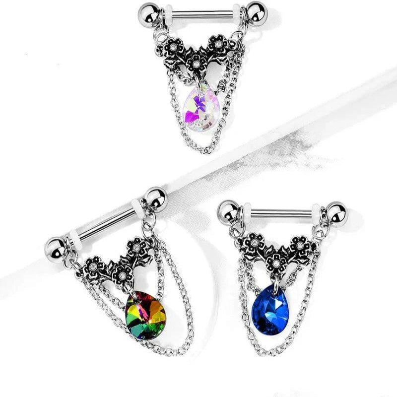 14GA 316L Stainless Steel Triple Flower Dangling Crystal Chains Nipple Barbells