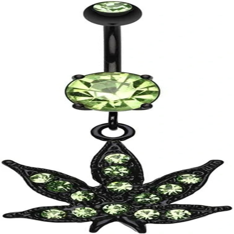 14GA Black Stainless Steel Green CZ Crystal Pot Leaf Dangling Belly Button Ring