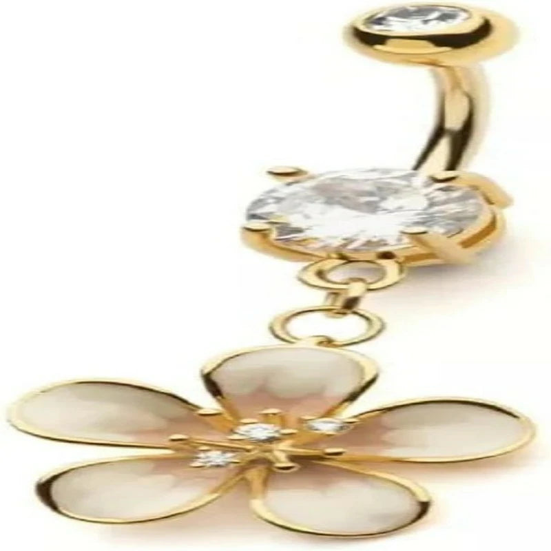 14GA Gold Plated 316L Stainless Steel CZ Crystal White Flower Dangling Belly Button Ring