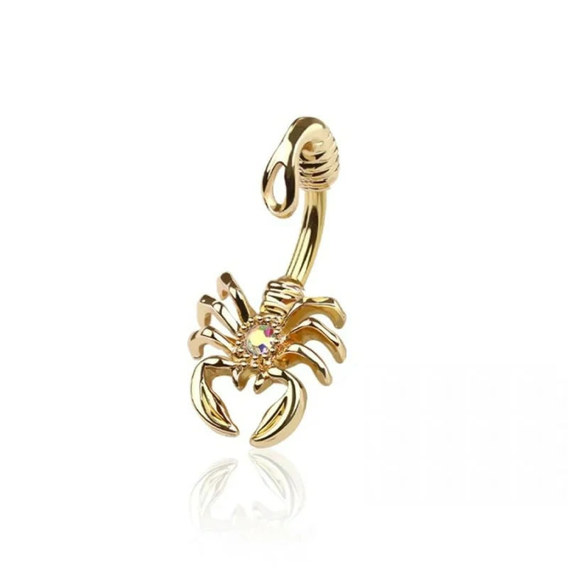 14GA Gold Plated 316L Stainless Steel Scorpion with CZ Crystal Center Belly Button Ring