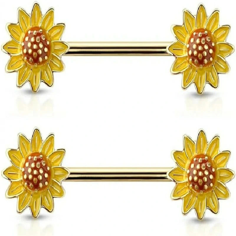 14GA Golden Sunflower Ends 316L Surgical Stainless Steel Barbells Nipple Rings