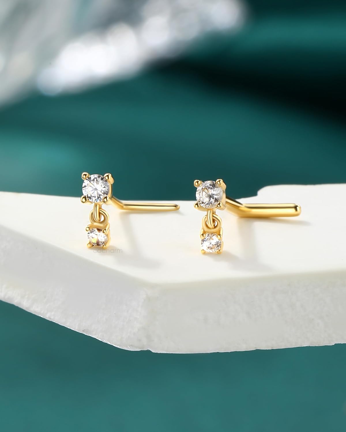 14K Gold Dangle Nose Stud 20g 22g 18g - Real Gold L Shape Nose Ring Stud - QIAO CrystalQIAO CrystalQIAO Crystal
