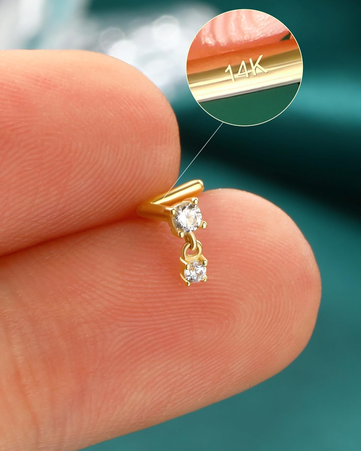 14K Gold Dangle Nose Stud 20g 22g 18g - Real Gold L Shape Nose Ring Stud - QIAO CrystalQIAO CrystalQIAO Crystal