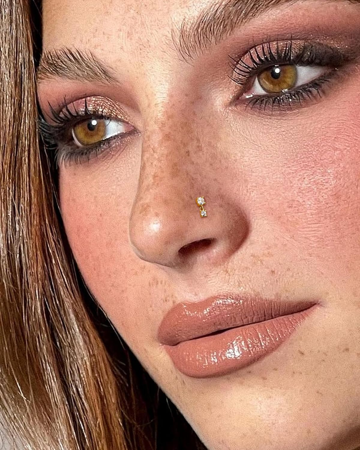 14K Gold Dangle Nose Stud 20g 22g 18g - Real Gold L Shape Nose Ring Stud - QIAO CrystalQIAO CrystalQIAO Crystal