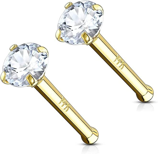 14k Gold Nose Ring 2mm CZ Simulated Diamond Non - Irritating Skin Safe Real Gold - QIAO CrystalQIAO CrystalQIAO Crystal