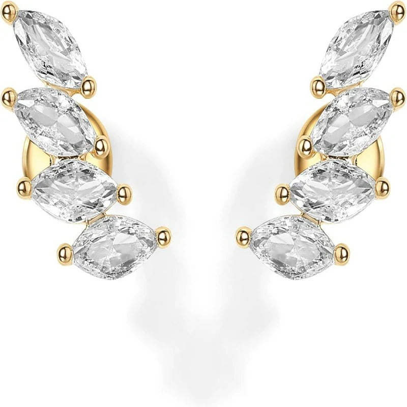 14K Gold Plated 925 Sterling Silver Post Navette CZ Crawler Flat Back Earrings