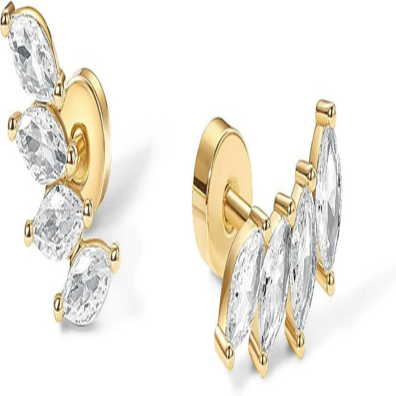 14K Gold Plated 925 Sterling Silver Post Navette CZ Crawler Flat Back Earrings