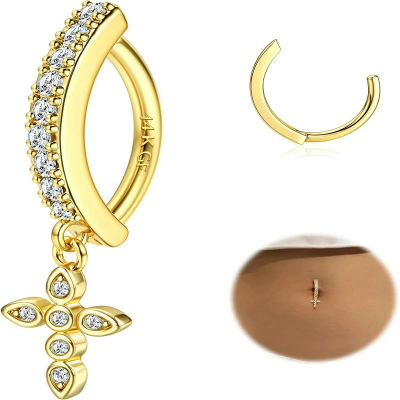 14K Gold Plated Belly Button Rings Clicker Dangle Belly Rings CZ Pearl Star Shells Barbell Navel Rings