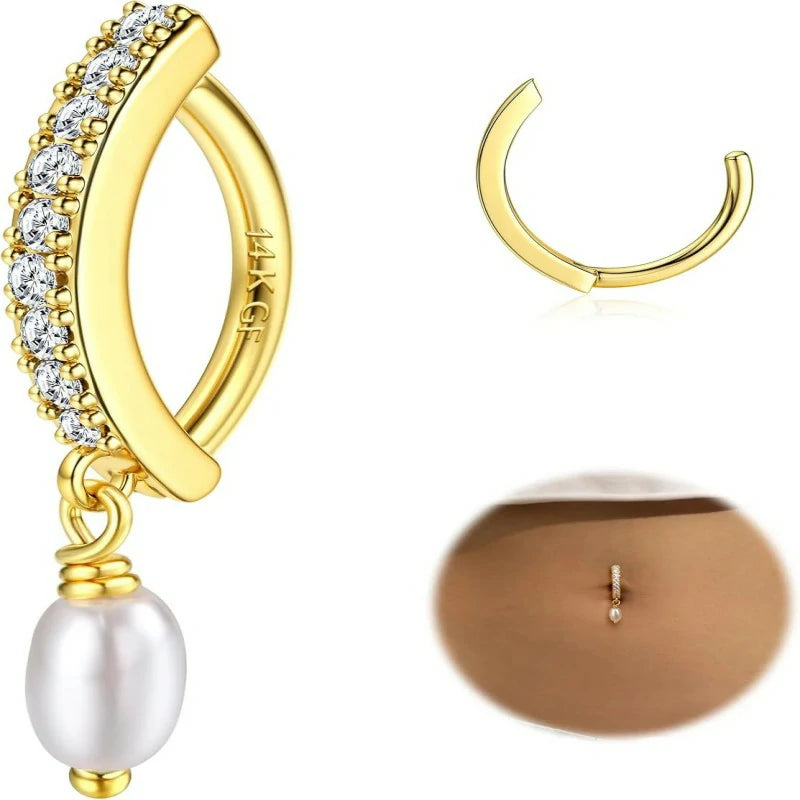 14K Gold Plated Belly Button Rings Clicker Dangle Belly Rings CZ Pearl Star Shells Barbell Navel Rings