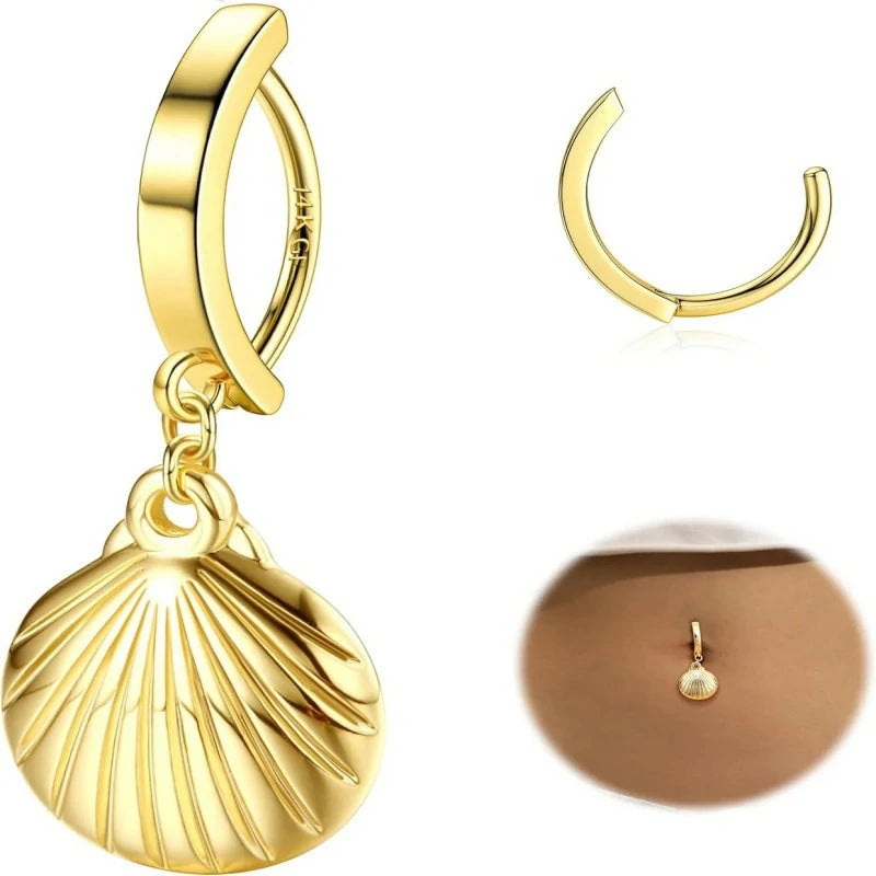 14K Gold Plated Belly Button Rings Clicker Dangle Belly Rings CZ Pearl Star Shells Barbell Navel Rings