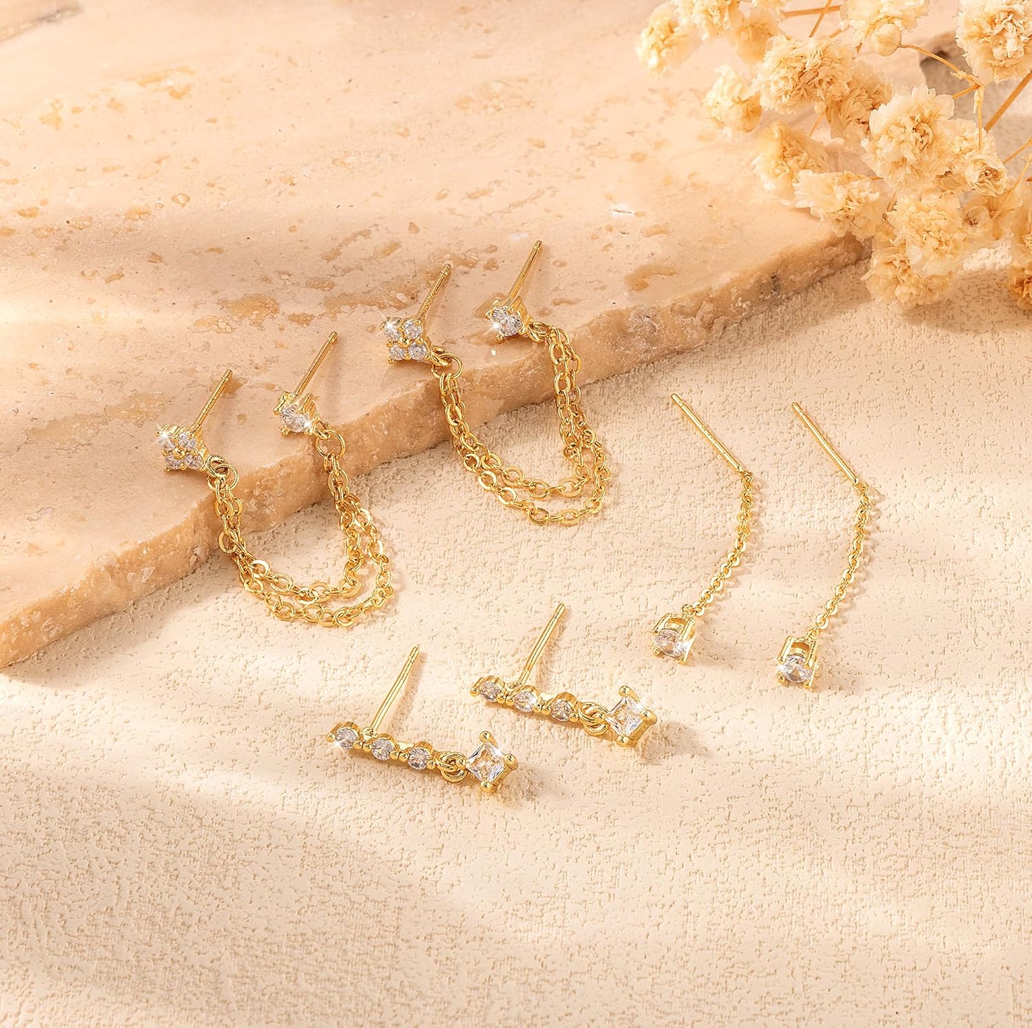 14K Gold Plated Dangle Earrings for Women Dainty Earring Stacks Trendy Hypoallergenic Hoop CZ Stud Chain Threader Earrings Set Jewelry Gift - QIAO CrystalQIAO CrystalQIAO Crystal