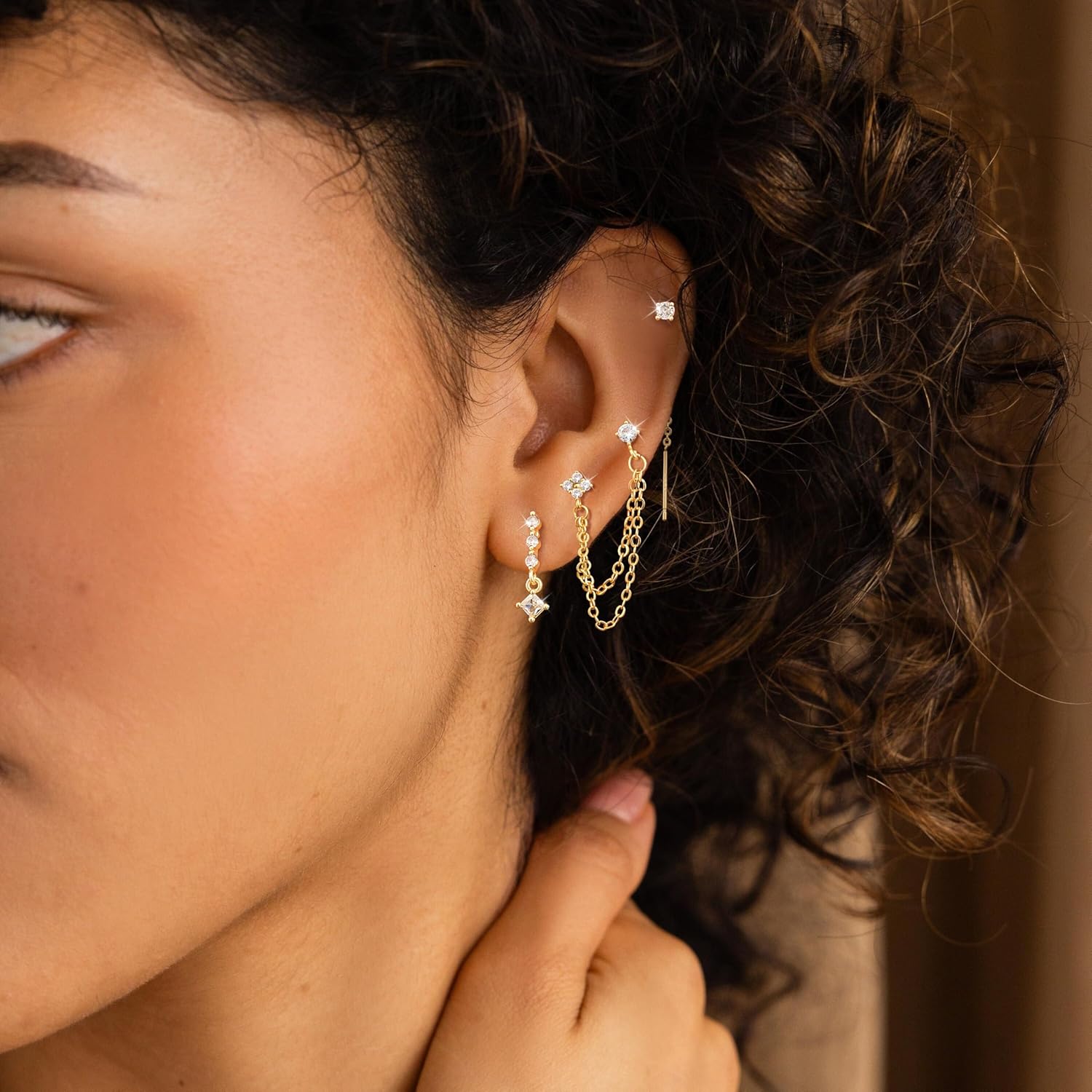 14K Gold Plated Dangle Earrings for Women Dainty Earring Stacks Trendy Hypoallergenic Hoop CZ Stud Chain Threader Earrings Set Jewelry Gift - QIAO CrystalQIAO CrystalQIAO Crystal