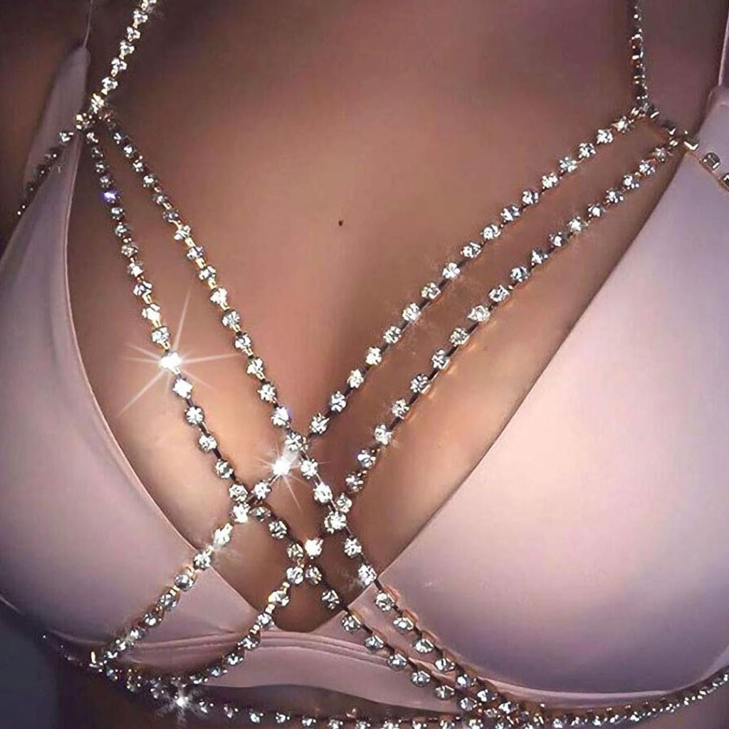 14K Gold Plated Sexy Body Chains Layered Rhinestone Crossover Bikini Bra Summer Beach Crystal Belly Waist Chain - QIAO CrystalQIAO CrystalQIAO Crystal