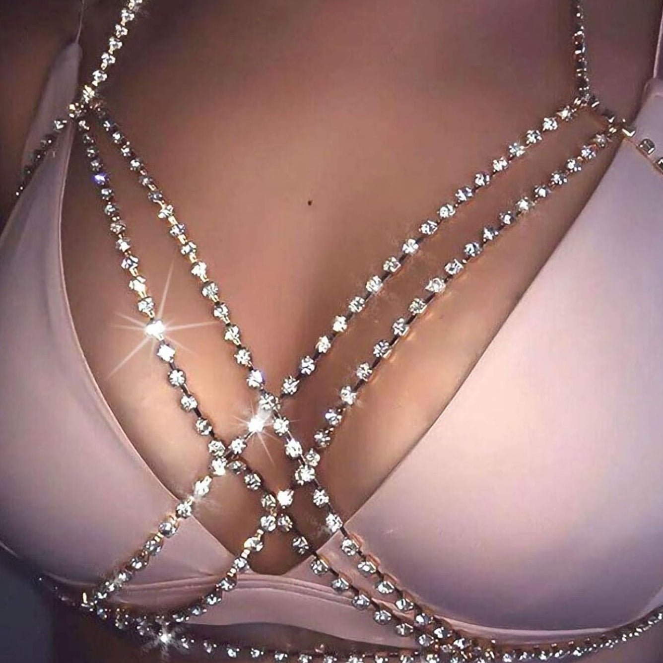 14K Gold Plated Sexy Body Chains Layered Rhinestone Crossover Bikini Bra Summer Beach Crystal Belly Waist Chain - QIAO CrystalQIAO CrystalQIAO Crystal