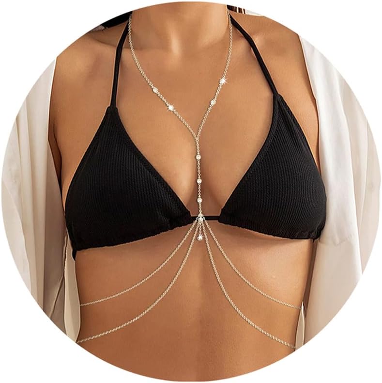 14K Gold Plated Sexy Body Chains Layered Rhinestone Crossover Bikini Bra Summer Beach Crystal Belly Waist Chain - QIAO CrystalQIAO CrystalQIAO Crystal
