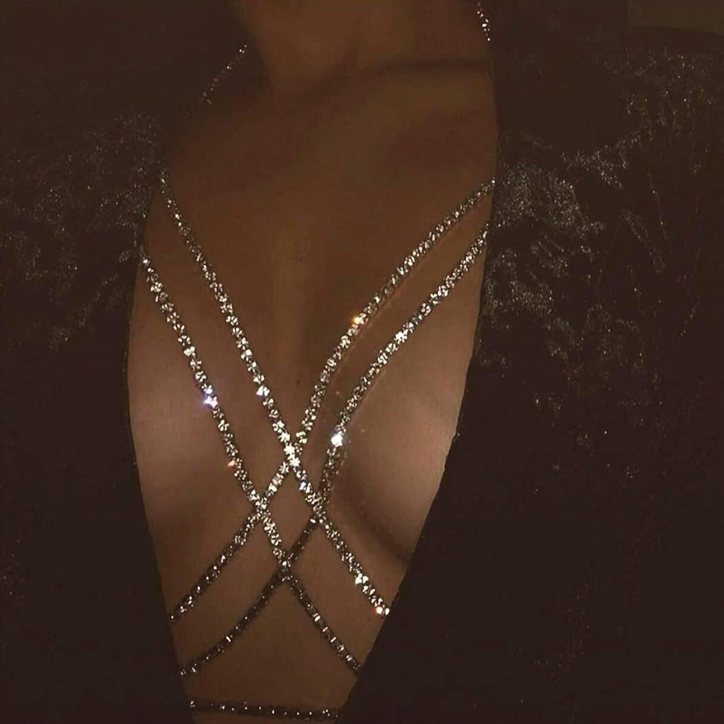 14K Gold Plated Sexy Body Chains Layered Rhinestone Crossover Bikini Bra Summer Beach Crystal Belly Waist Chain - QIAO CrystalQIAO CrystalQIAO Crystal