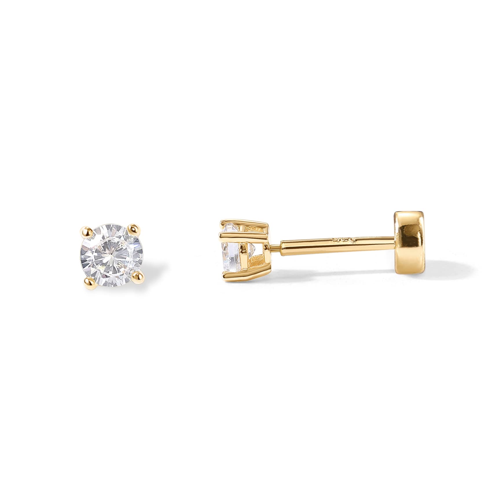 14K Gold Plated Solid 925 Sterling Silver Post Cubic Zirconia Stud Flat Back Earrings for Women | Cartilage Earring | Helix Piercing Jewelry | Small Stud Earrings for Women - QIAO Crystal我的商店QIAO Crystal