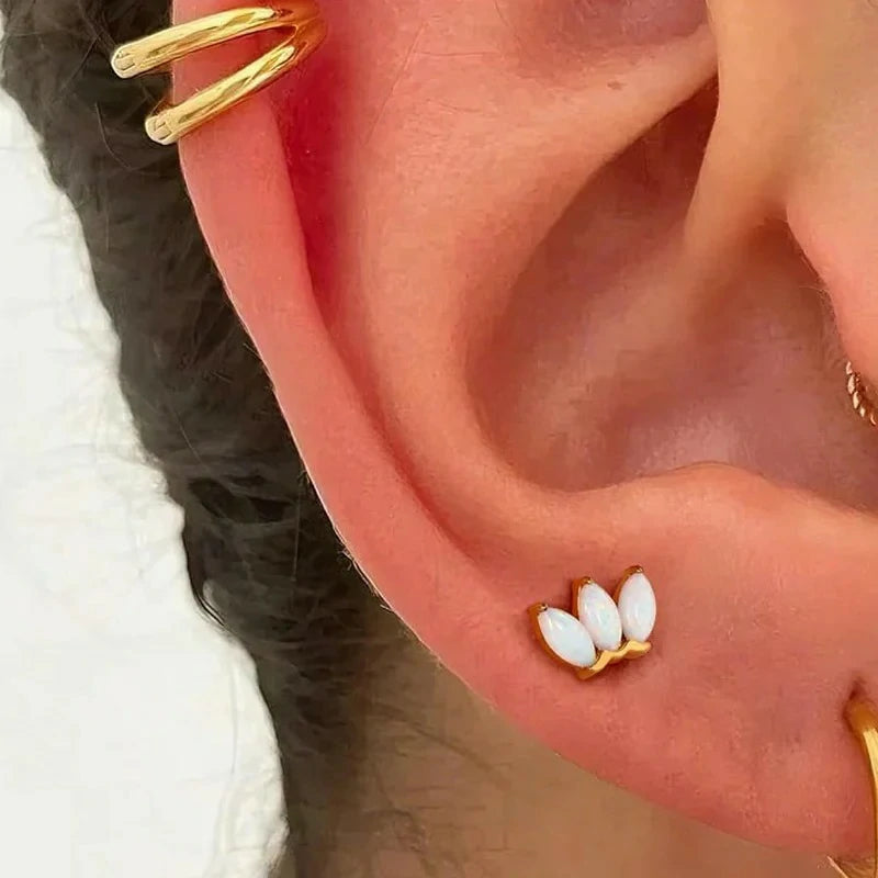 16G 6/8MM 316L Surgical Steel Flat Back Opal Leaf Forward Helix Earrings