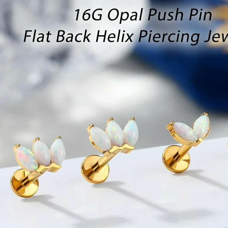 16G 6/8MM 316L Surgical Steel Flat Back Opal Leaf Forward Helix Earrings