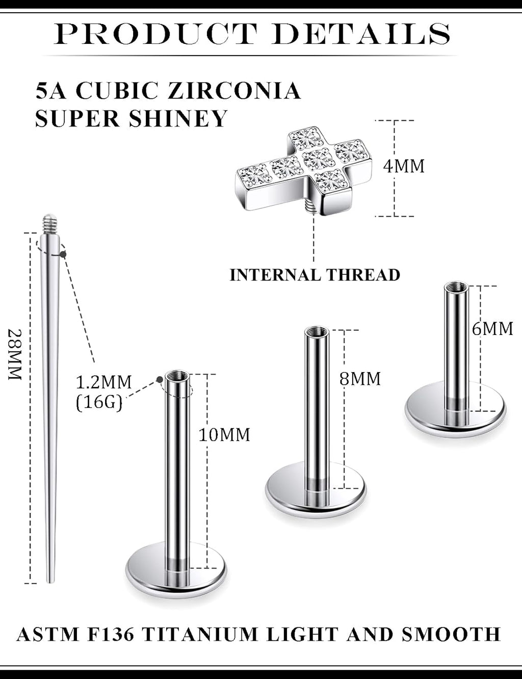 16G Astm F136 Titanium Internal Thread Flat Back Earrings Nose Studs Tragus Forward Helix Conch - QIAO CrystalQIAO CrystalQIAO Crystal