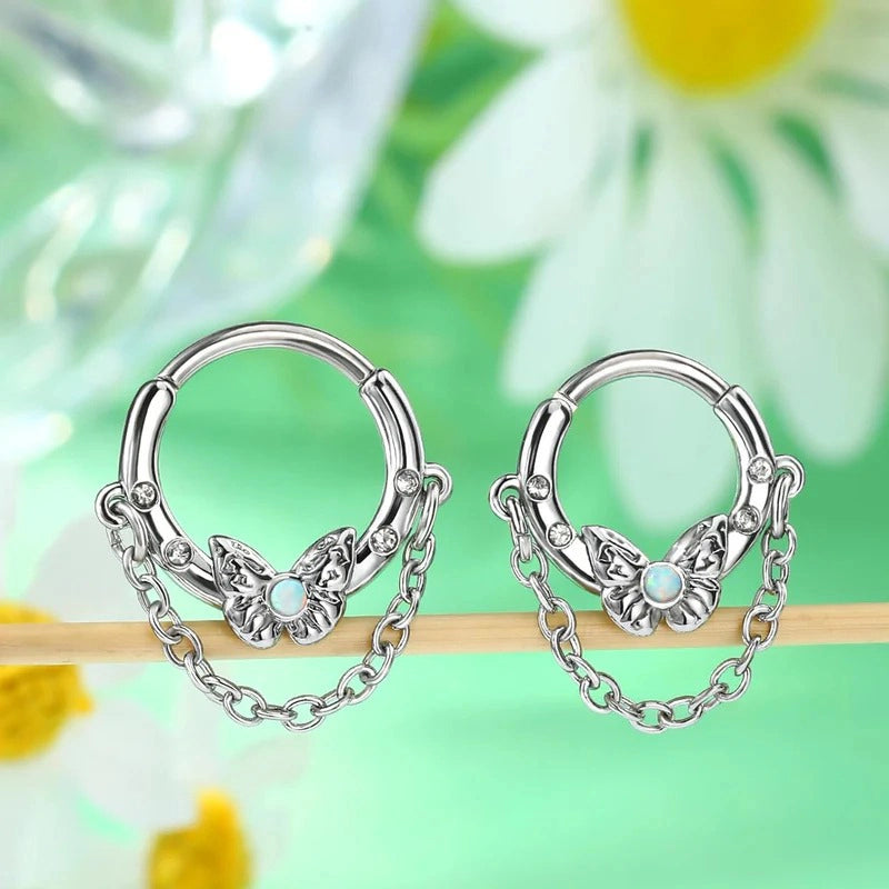 8/10 mm 16G 316L Stainless Steel Butterfly Opal Daith Chain Helix Cartilage Clicker Septum
