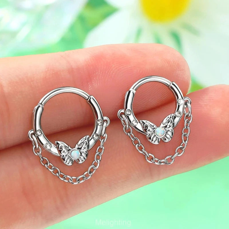 8/10 mm 16G 316L Stainless Steel Butterfly Opal Daith Chain Helix Cartilage Clicker Septum