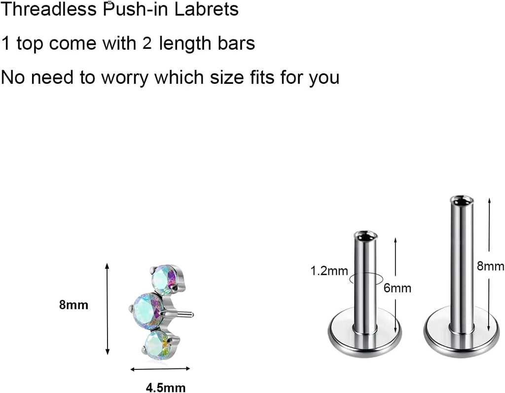 16G G23 Titanium Threadless Labret Studs Push - in Colorful CZ Labret Cluster Tragus Helix - QIAO CrystalQIAO CrystalQIAO Crystal